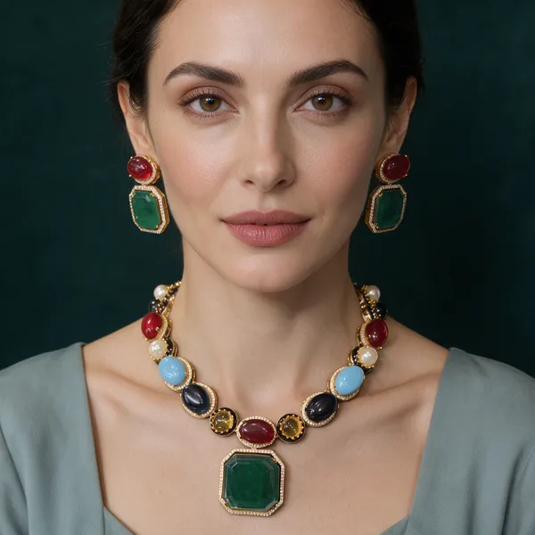Emerald_Green_Multicolor_Gemstone_Necklace_Set_For_Women