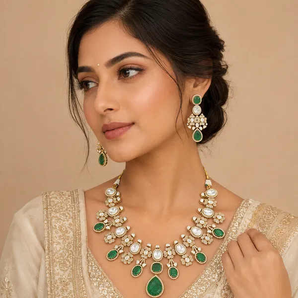 Antique_Gold-Tone_Green_White_Stone_Floral_Necklace_Set_For_Women