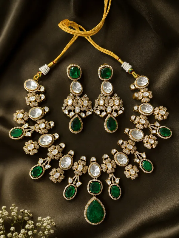Antique_Gold-Tone_Green_White_Stone_Floral_Necklace_Set_For_Women