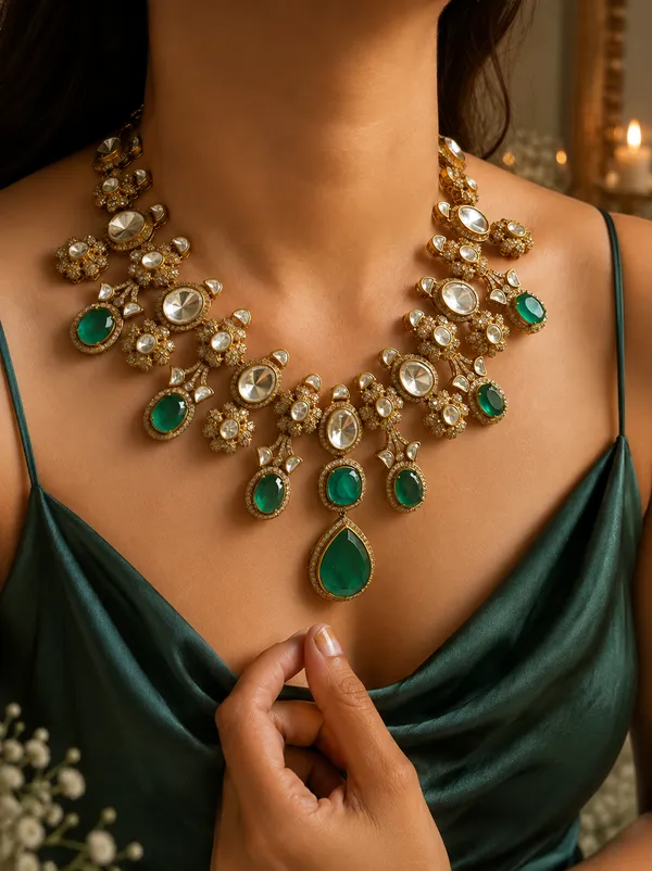 Antique_Gold-Tone_Green_White_Stone_Floral_Necklace_Set_For_Women