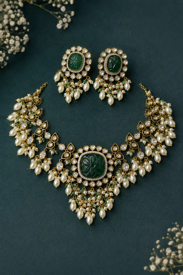 Antique_Gold-Tone_Emerald_Green_Stone_Pearl_Necklace_Set_For_Women