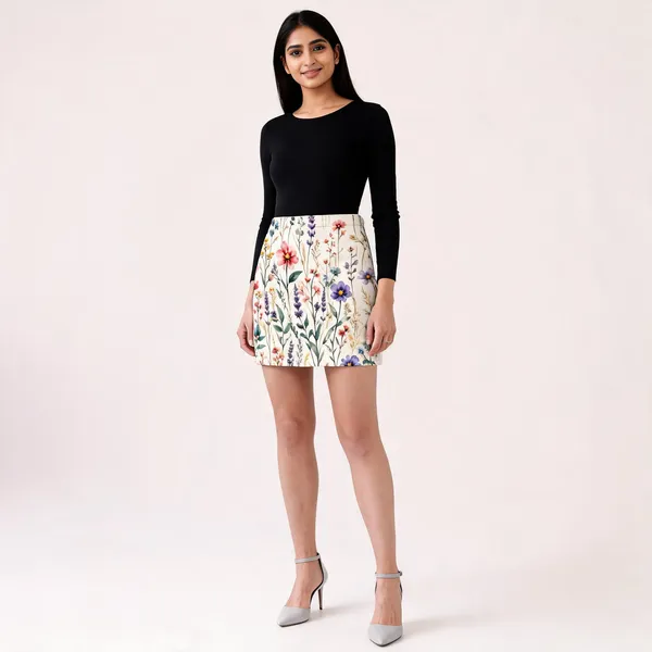 White_Poly-Spandex_Mid-Rise_Floral_Print_Mini_Skirt_For_Women