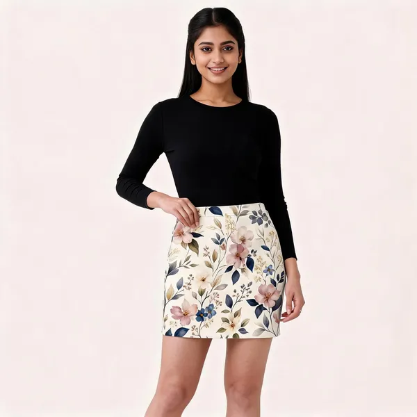 White_Poly-Spandex_Mid-Rise_Floral_Print_Mini_Skirt_For_Women