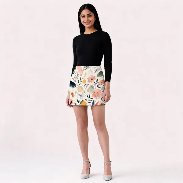 White_Poly-Spandex_Mid-Rise_Floral_Print_Mini_Skirt_For_Women