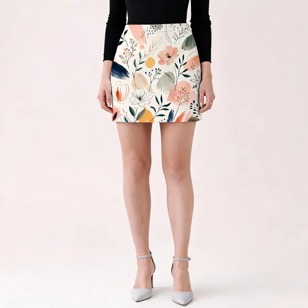 White_Poly-Spandex_Mid-Rise_Floral_Print_Mini_Skirt_For_Women