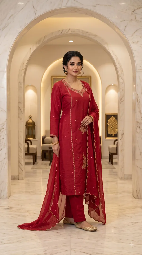 Red_Crepe_Embroidered_Kurti_Pant_Set_For_Women