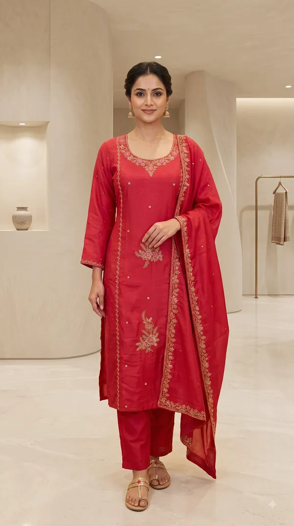 Red_Crepe_Embroidered_Kurti_Pant_Set_For_Women
