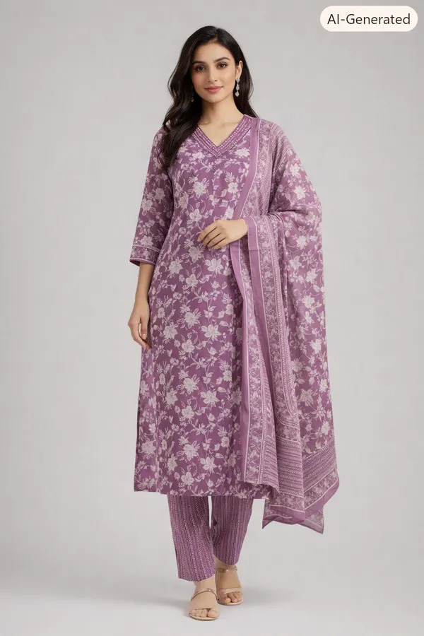 Purple_Cotton_Floral_Print_Kurti_Set_For_Women