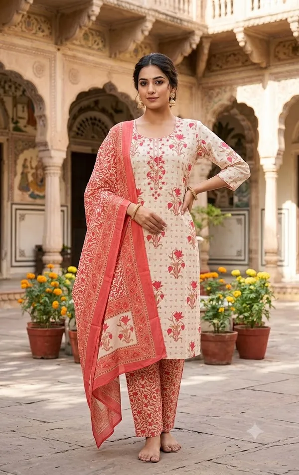 White_&_Pink_Cotton_Straight_Printed_Kurti_Set_For_Women