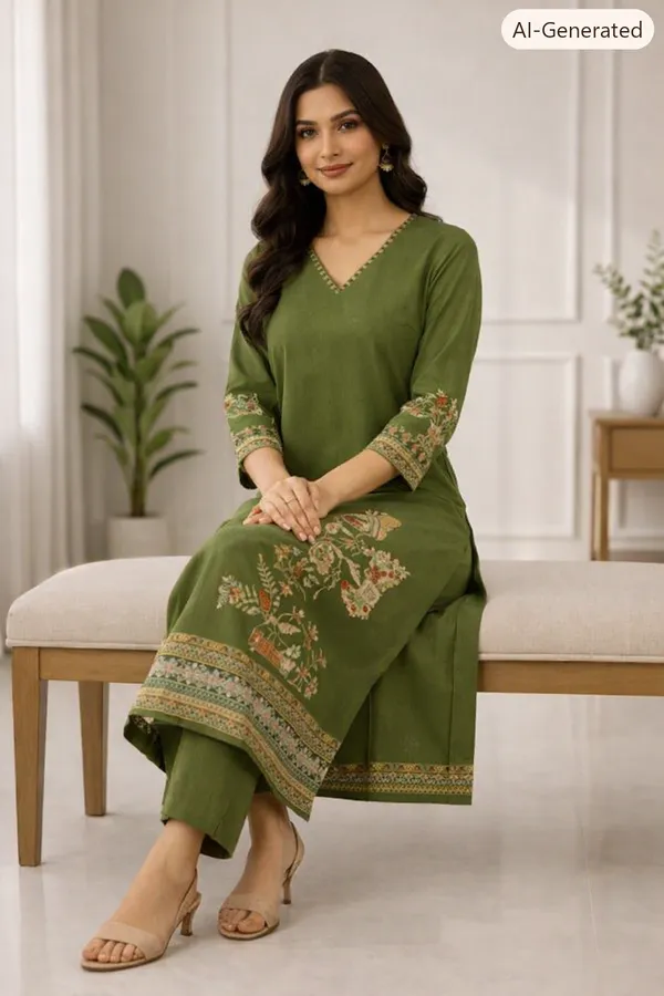 Olive_Green_Cotton_Straight_Embroidered_Kurti_Set_For_Women