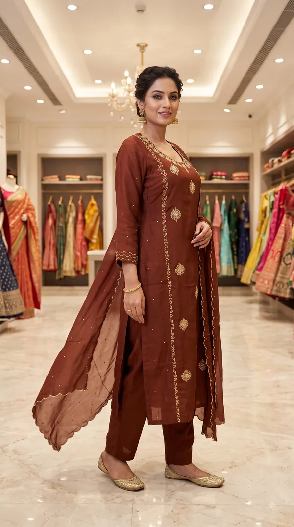 Brown_Crepe_Embroidered_Kurti_Pant_Set_For_Women