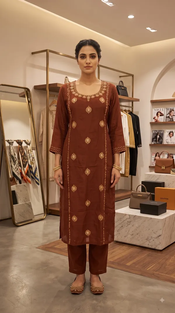 Brown_Crepe_Embroidered_Kurti_Pant_Set_For_Women