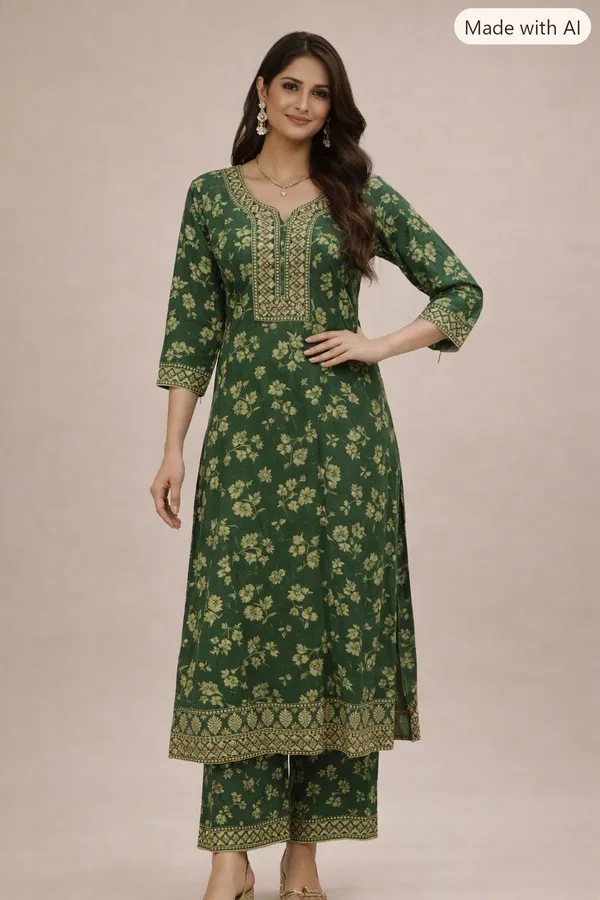 dark_green_printed_A-line/Anarkali_kurti_set_for_woman