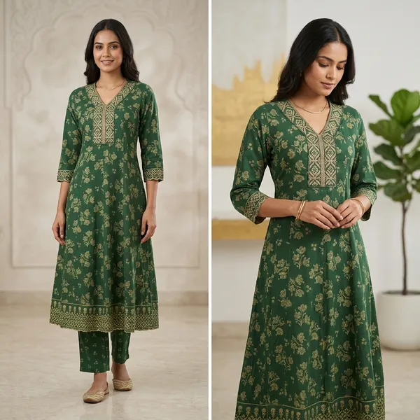 dark_green_printed_A-line/Anarkali_kurti_set_for_woman