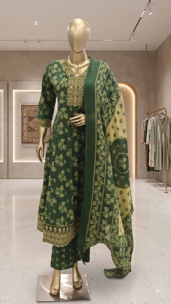 dark_green_printed_A-line/Anarkali_kurti_set_for_woman