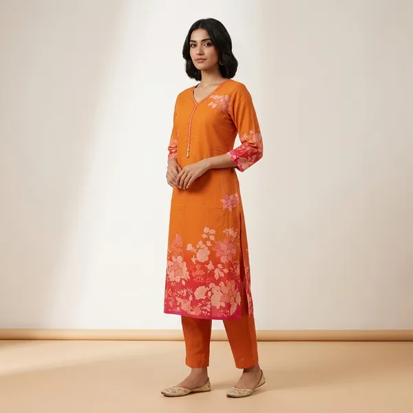 Orange_Cotton_Floral_Print_Kurti_Set_For_Women
