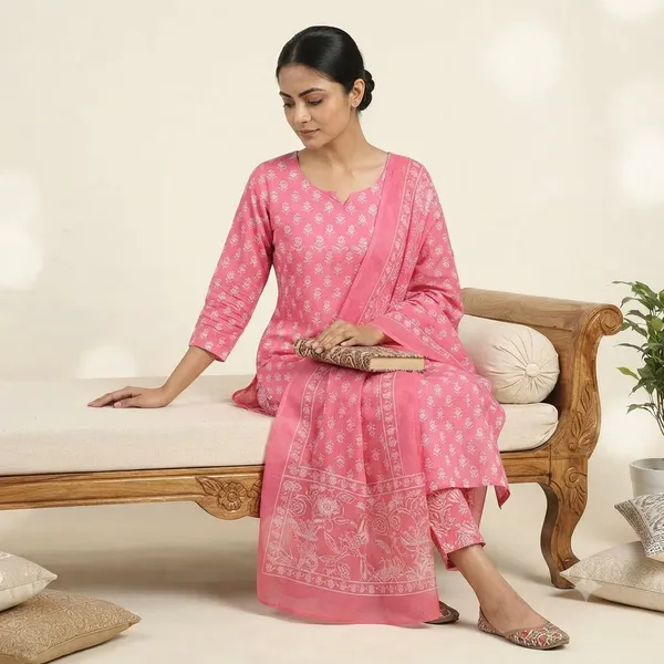 Pink_Cotton_Geometric_Print_Kurta_Set_For_Women