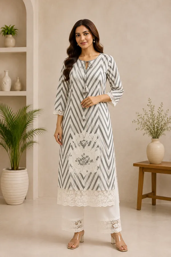 Grey_and_White_Chevron/Zigzag_Striped_Kurta_Set_for_woman