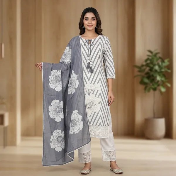 Grey_and_White_Chevron/Zigzag_Striped_Kurta_Set_for_woman