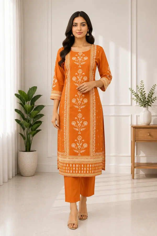Orange_Cotton_Straight_Floral_Print_Kurti_Set_For_Women