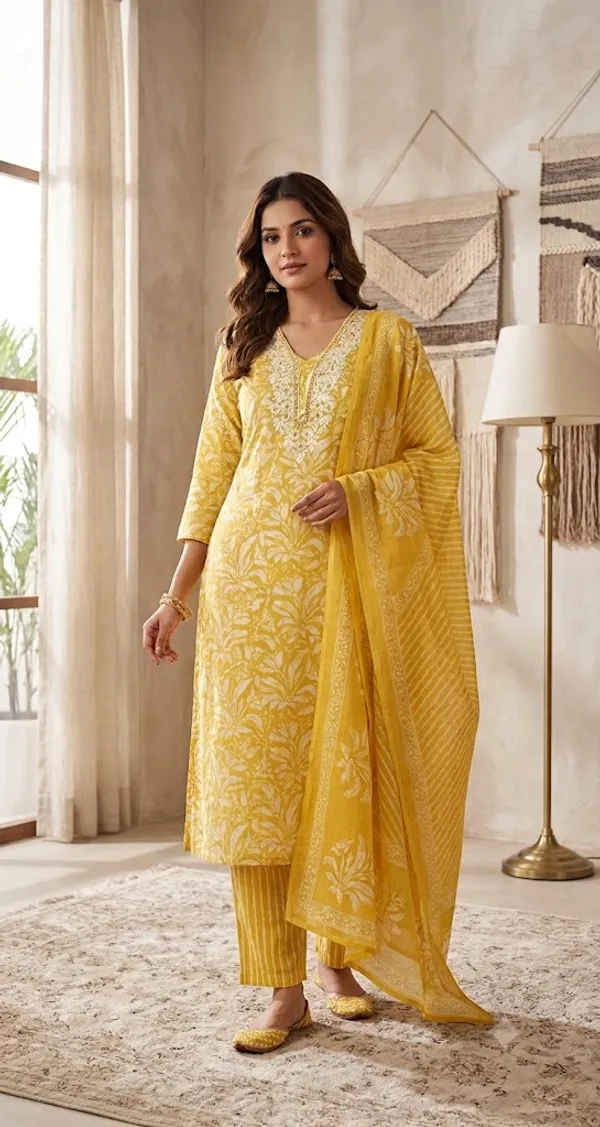 Yellow_Cotton_Printed_Kurta_Set_For_Women