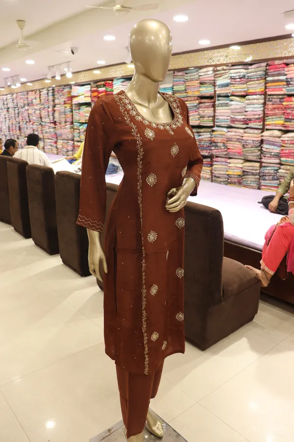 Brown_Crepe_Embroidered_Kurti_Pant_Set_For_Women