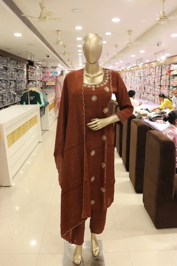 Brown_Crepe_Embroidered_Kurti_Pant_Set_For_Women