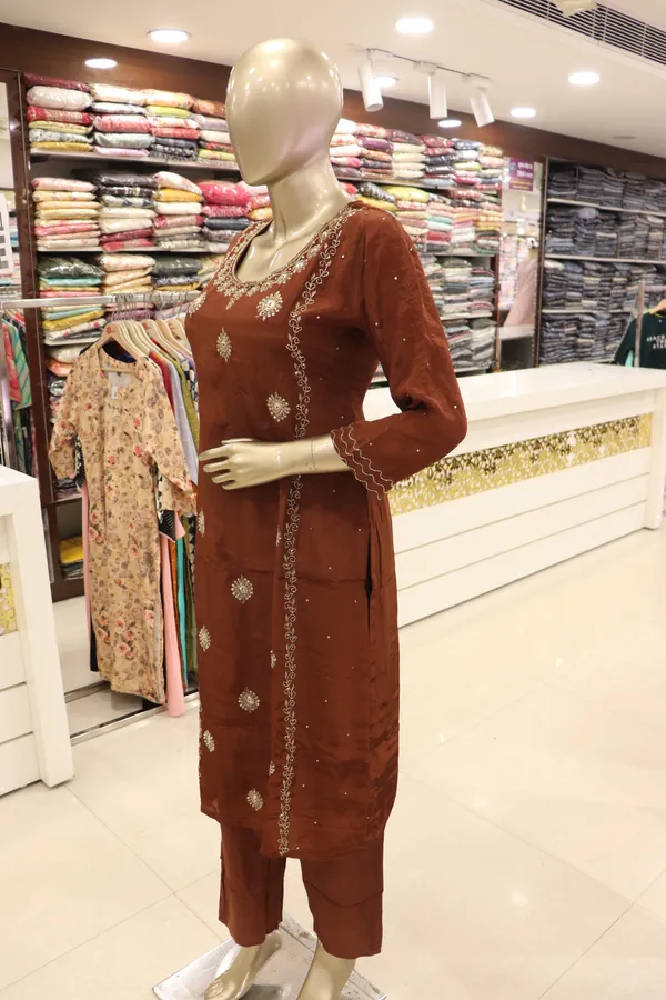 Brown_Crepe_Embroidered_Kurti_Pant_Set_For_Women