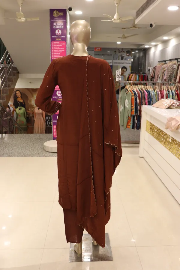 Brown_Crepe_Embroidered_Kurti_Pant_Set_For_Women