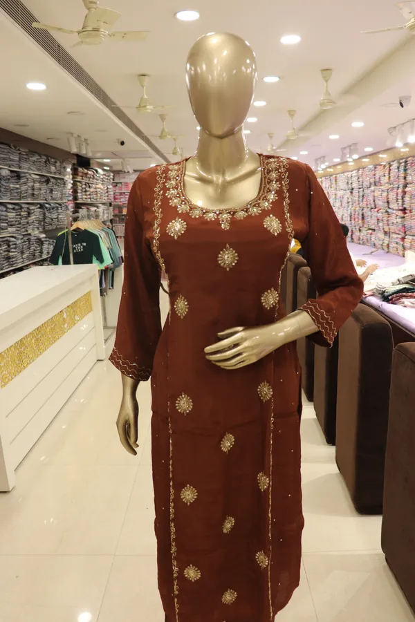 Brown_Crepe_Embroidered_Kurti_Pant_Set_For_Women