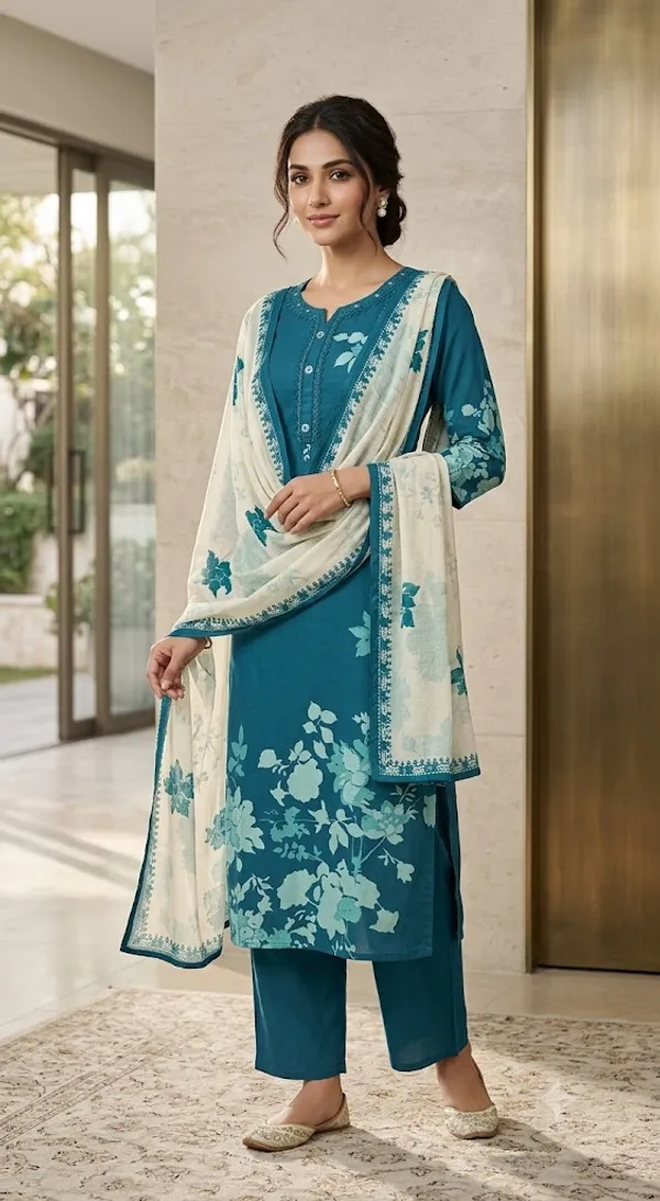 Teal_Cotton_Straight_Floral_Print_Kurta_Set_For_Women