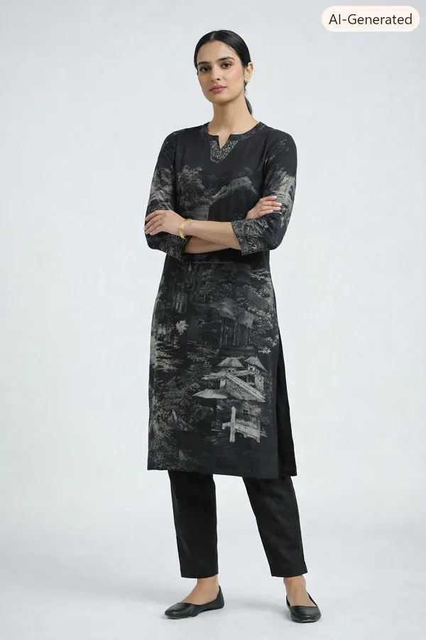 Black_Muslin_Straight_Printed_Kurti_Set_For_Women