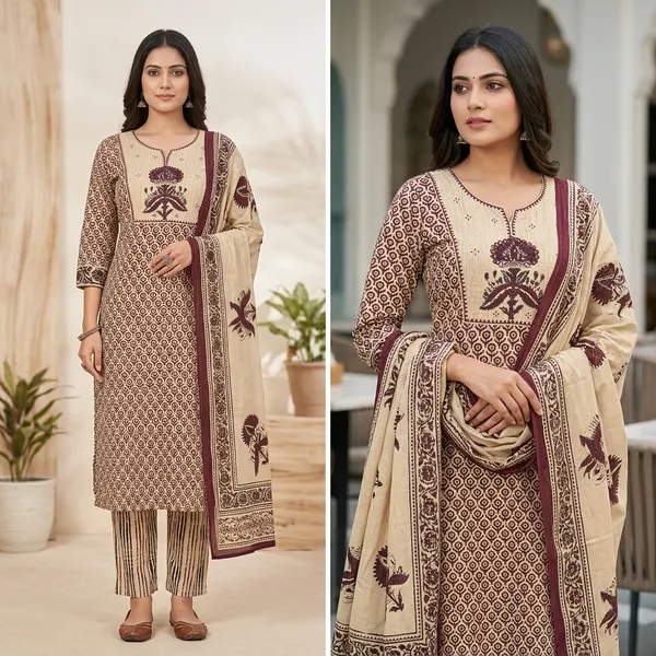 Brown_and_Beige_Printed_Cotton_Kurti_Set_for_woman