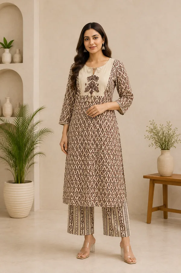 Brown_and_Beige_Printed_Cotton_Kurti_Set_for_woman