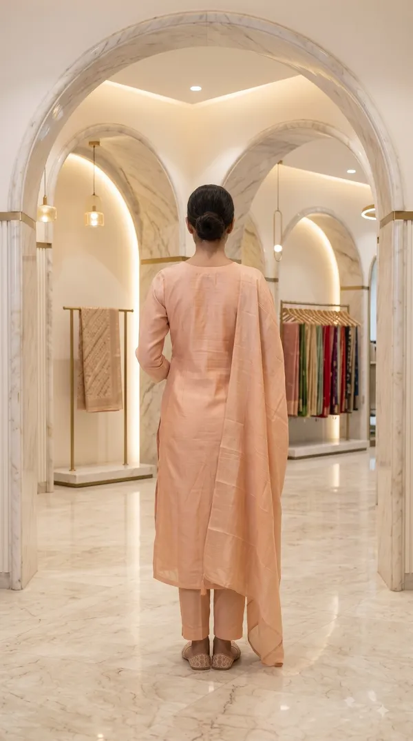 Peach_Jacquard_Embroidered_Kurti_Pant_Set_For_Foman