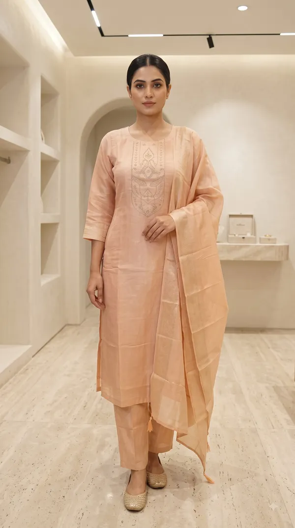 Peach_Jacquard_Embroidered_Kurti_Pant_Set_For_Foman