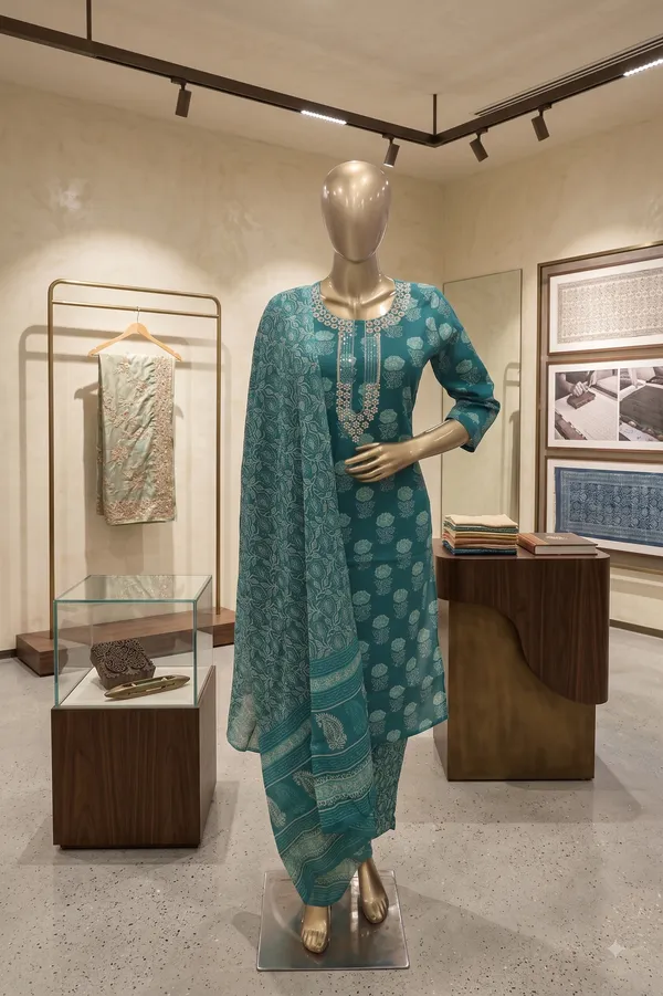 Teal_Cotton_Straight_Printed_Kurti_Set_For_Women