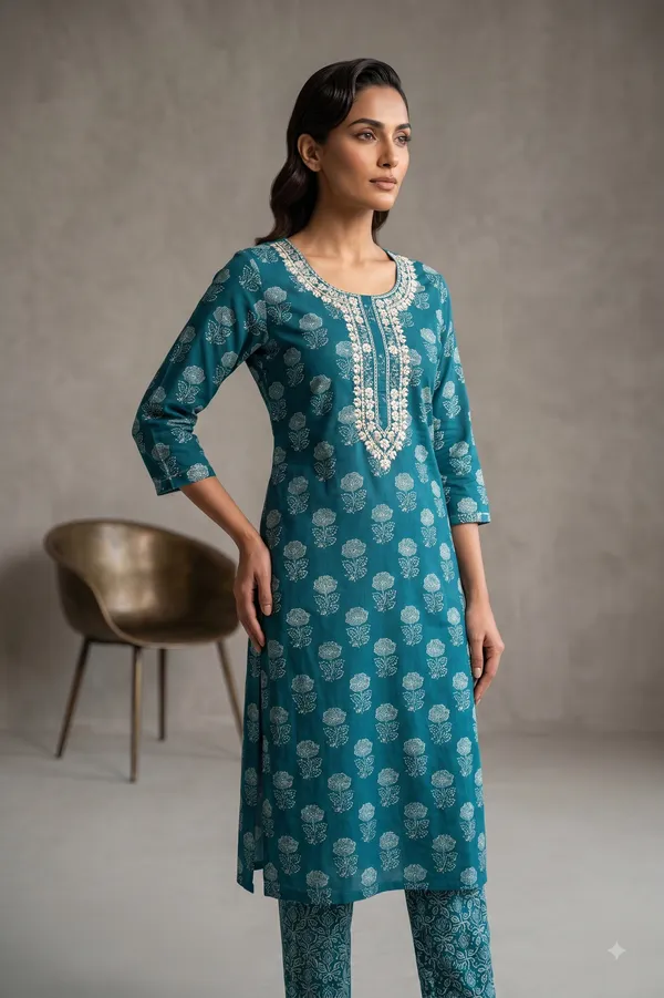Teal_Cotton_Straight_Printed_Kurti_Set_For_Women