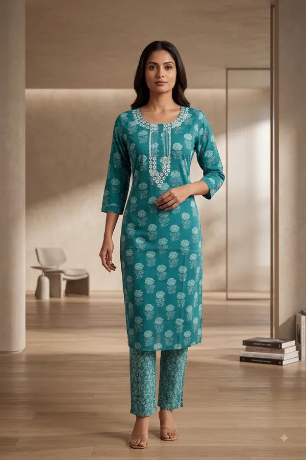 Teal_Cotton_Straight_Printed_Kurti_Set_For_Women