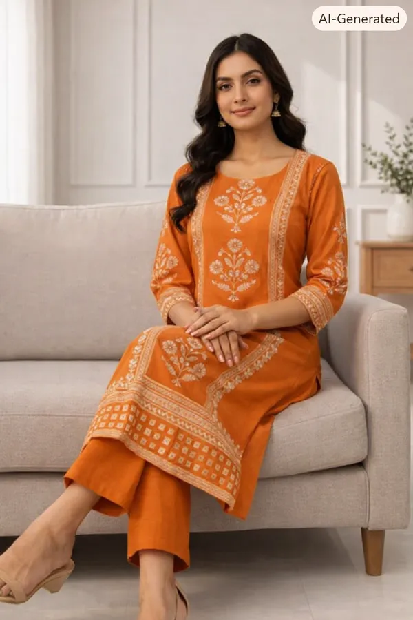 Orange_Cotton_Straight_Floral_Print_Kurti_Set_For_Women