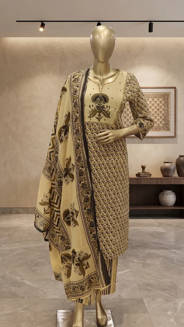 beige_and_black_printed_straight_kurti_set_for_woman