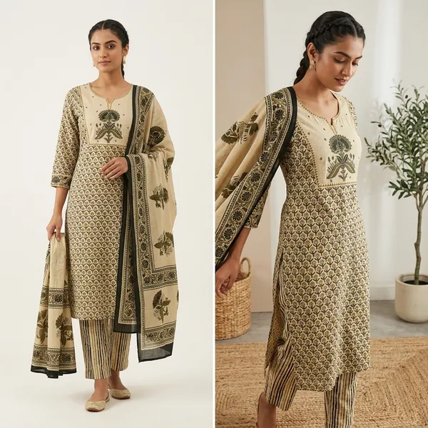 beige_and_black_printed_straight_kurti_set_for_woman