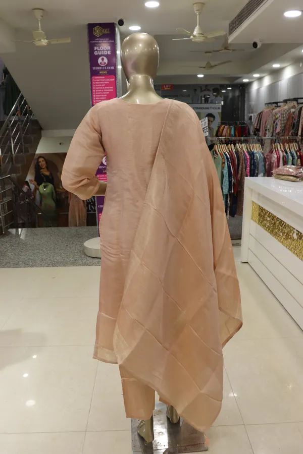 Peach_Jacquard_Embroidered_Kurti_Pant_Set_For_Foman