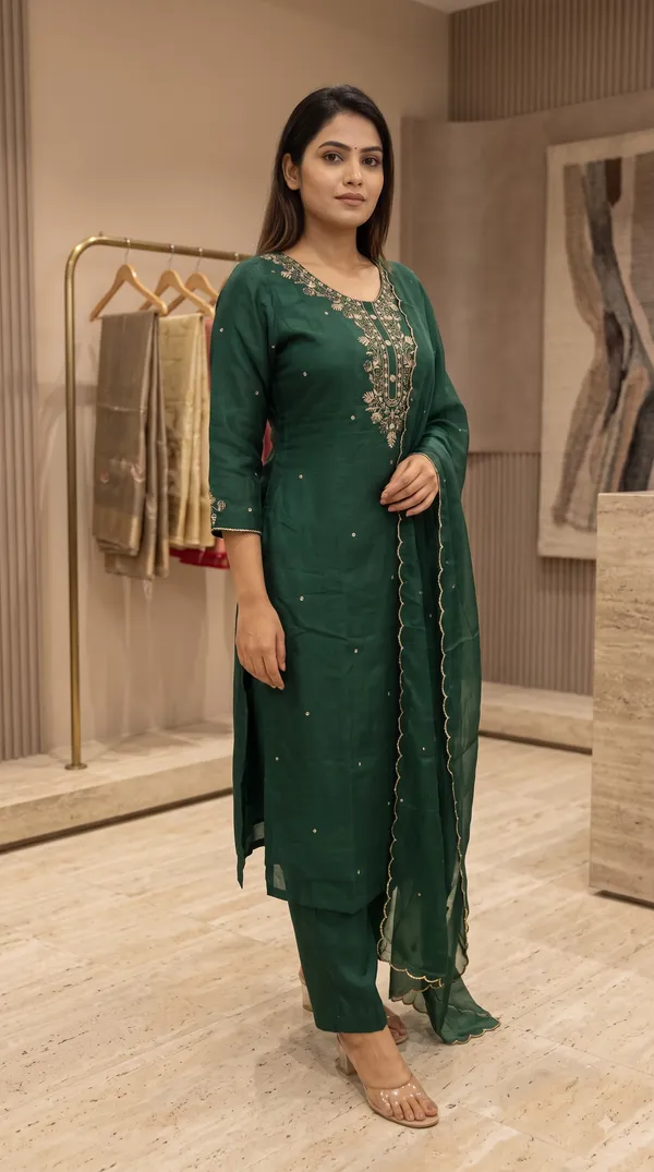 Dark_Green_Crepe_Embroidered_Kurti_Pant_Set_For_Women