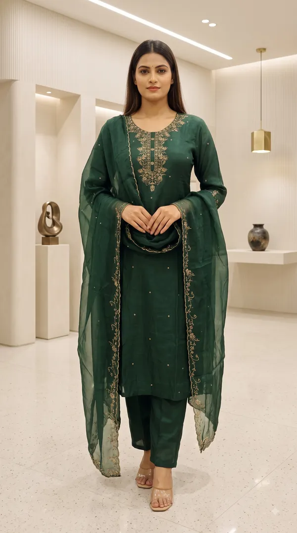 Dark_Green_Crepe_Embroidered_Kurti_Pant_Set_For_Women