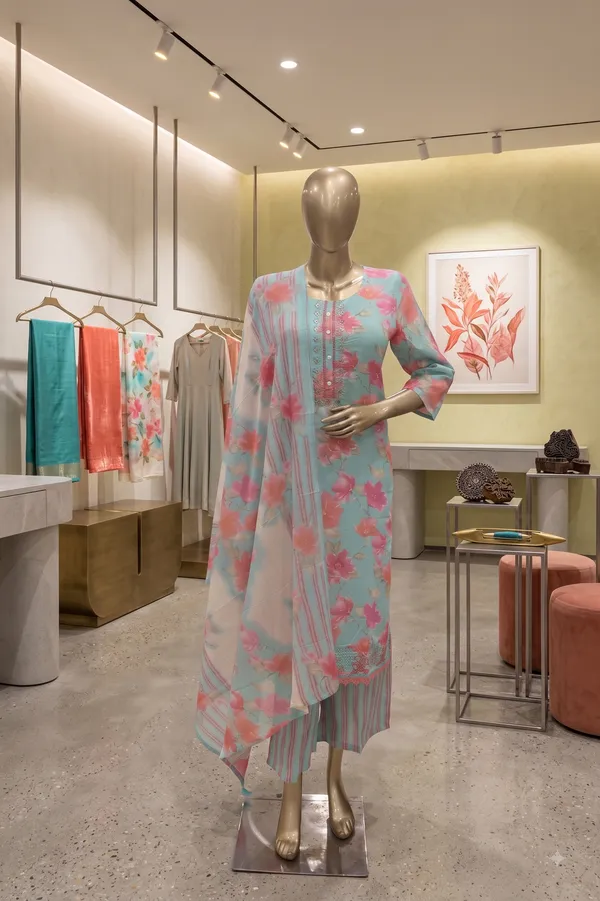 Turquoise_Cotton_Floral_Print_Kurti_Set_For_Women