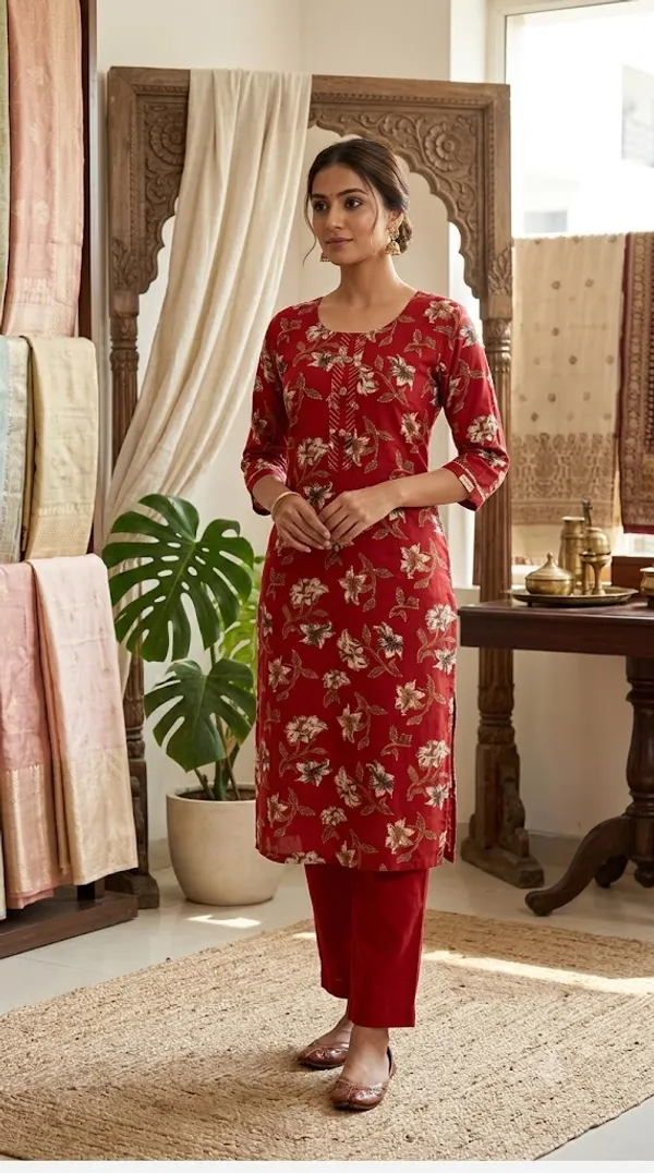Red_Cotton-Rayon_Straight_Floral_Print_Kurta_Set_For_Women