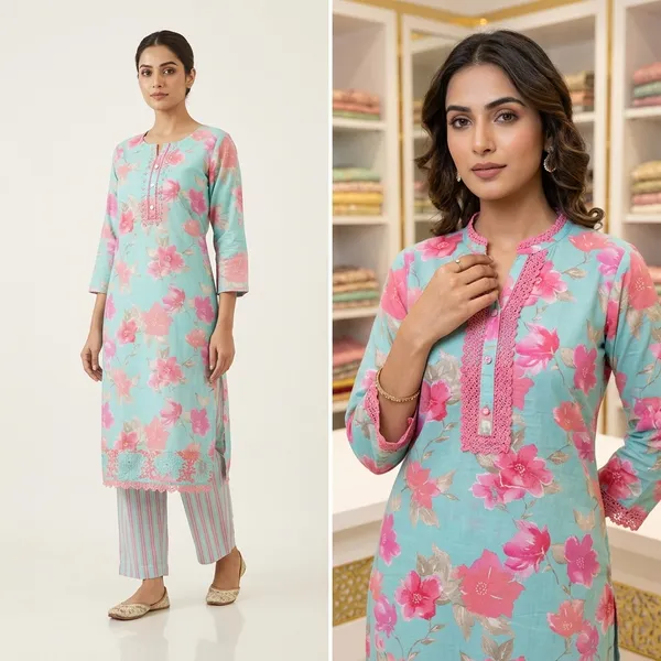 Turquoise_Cotton_Floral_Print_Kurti_Set_For_Women