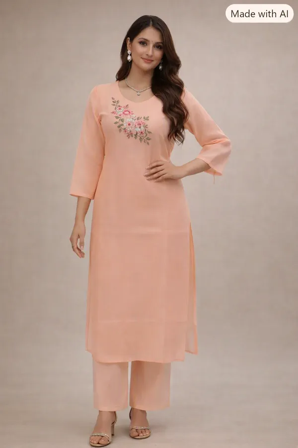 Peach_Embroidered_Kurti_Pant_Set_for_woman