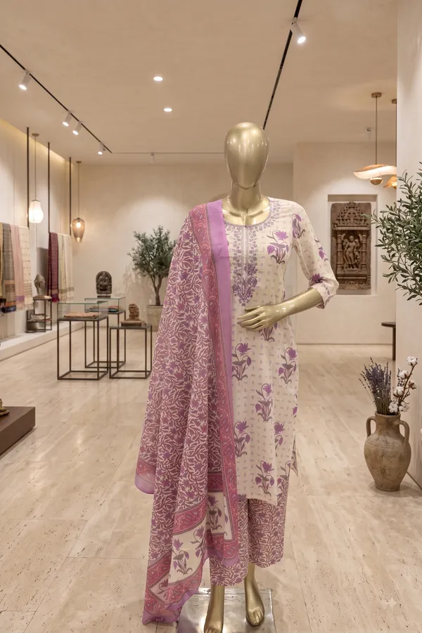 White_&_Purple_Cotton_Straight_Floral_Print_Kurti_Set_For_Women